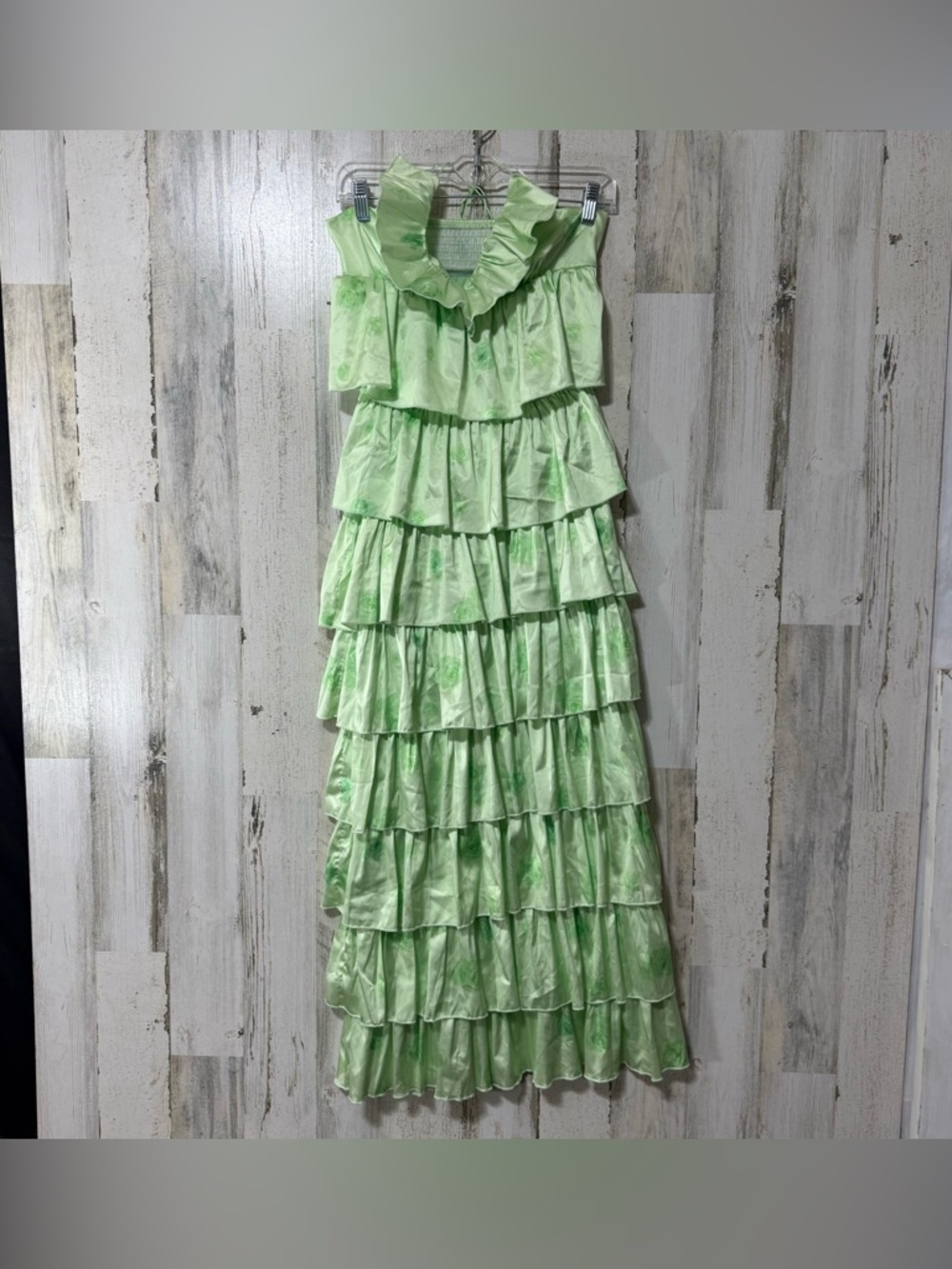 SHEIN Satiny Green Halter Tiered Ruffle Maxi Dress
